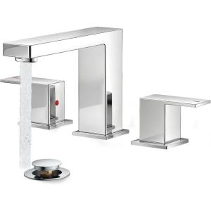 imageFORIOUS 2 Pack Gold Bathroom Faucet 3 Hole Square 2 Handle 8 in Widespread Brushed Gold Bathroom Sink Faucet 3 Hole with Metal Drain 24 CUPC Supply Lines and Spare AeratorChrome