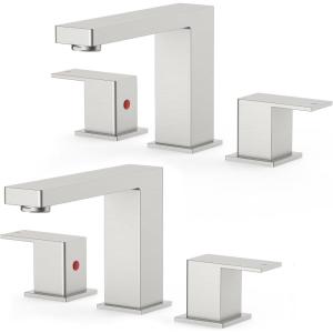 imageFORIOUS 2 Pack Gold Bathroom Faucet 3 Hole Square 2 Handle 8 in Widespread Brushed Gold Bathroom Sink Faucet 3 Hole with Metal Drain 24 CUPC Supply Lines and Spare AeratorStainless Steel  2