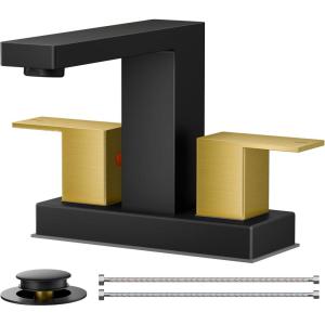 imageFORIOUS 2 Pack Gold Bathroom Faucet 3 Hole Square 2 Handle 8 in Widespread Brushed Gold Bathroom Sink Faucet 3 Hole with Metal Drain 24 CUPC Supply Lines and Spare AeratorBlackGold