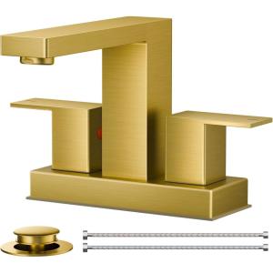imageFORIOUS 2 Pack Gold Bathroom Faucet 3 Hole Square 2 Handle 8 in Widespread Brushed Gold Bathroom Sink Faucet 3 Hole with Metal Drain 24 CUPC Supply Lines and Spare AeratorBrushed Gold