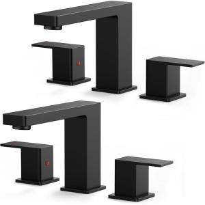 imageFORIOUS 2 Pack Gold Bathroom Faucet 3 Hole Square 2 Handle 8 in Widespread Brushed Gold Bathroom Sink Faucet 3 Hole with Metal Drain 24 CUPC Supply Lines and Spare AeratorMatte Black  2