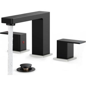 imageFORIOUS 2 Pack Gold Bathroom Faucet 3 Hole Square 2 Handle 8 in Widespread Brushed Gold Bathroom Sink Faucet 3 Hole with Metal Drain 24 CUPC Supply Lines and Spare AeratorBlackStainless Steel