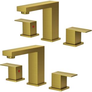 imageFORIOUS 2 Pack Gold Bathroom Faucet 3 Hole Square 2 Handle 8 in Widespread Brushed Gold Bathroom Sink Faucet 3 Hole with Metal Drain 24 CUPC Supply Lines and Spare AeratorBrushed Gold  2