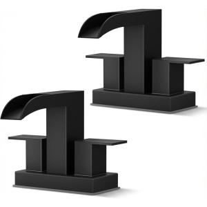 imageFORIOUS 2 Pack Square Brushed Gold Bathroom Faucets 3 Hole Waterfall 8 Inch Widespread Bathroom Sink Faucet with Metal Popup Drain and Supply Lines Two Handles for Vanity Lavatory RestroomMatte Black 2