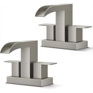 imageFORIOUS 2 Pack Square Brushed Gold Bathroom Faucets 3 Hole Waterfall 8 Inch Widespread Bathroom Sink Faucet with Metal Popup Drain and Supply Lines Two Handles for Vanity Lavatory RestroomStainless Steel 2