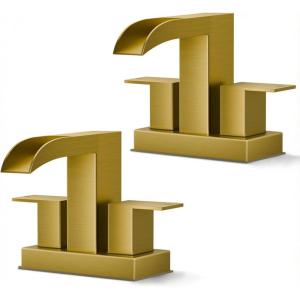 imageFORIOUS 2 Pack Square Brushed Gold Bathroom Faucets 3 Hole Waterfall 8 Inch Widespread Bathroom Sink Faucet with Metal Popup Drain and Supply Lines Two Handles for Vanity Lavatory RestroomBrushed Gold 2