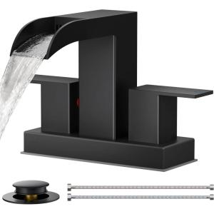 imageFORIOUS 2 Pack Square Brushed Gold Bathroom Faucets 3 Hole Waterfall 8 Inch Widespread Bathroom Sink Faucet with Metal Popup Drain and Supply Lines Two Handles for Vanity Lavatory RestroomMatte Black