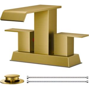 imageFORIOUS Brushed Gold Bathroom Sink Faucets 3 Hole Widespread 2 Handles Bathroom Faucet with Popup Drain and Flexible Hot and Cold Water Hoses Suitable for Vanity RV Restroom 2 PackBrushed Gold