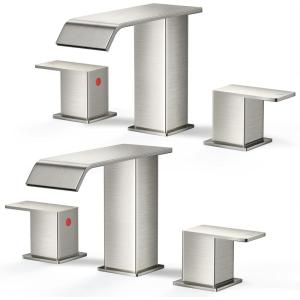 imageFORIOUS Brushed Gold Bathroom Sink Faucets 3 Hole Widespread 2 Handles Bathroom Faucet with Popup Drain and Flexible Hot and Cold Water Hoses Suitable for Vanity RV Restroom 2 PackStainless Steel x2