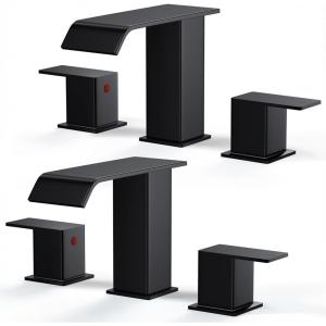 imageFORIOUS Brushed Gold Bathroom Sink Faucets 3 Hole Widespread 2 Handles Bathroom Faucet with Popup Drain and Flexible Hot and Cold Water Hoses Suitable for Vanity RV Restroom 2 PackMatte Black x2