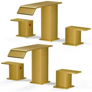 imageFORIOUS Brushed Gold Bathroom Sink Faucets 3 Hole Widespread 2 Handles Bathroom Faucet with Popup Drain and Flexible Hot and Cold Water Hoses Suitable for Vanity RV Restroom 2 PackBrushed Gold x2