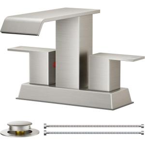 imageFORIOUS Brushed Gold Bathroom Sink Faucets 3 Hole Widespread 2 Handles Bathroom Faucet with Popup Drain and Flexible Hot and Cold Water Hoses Suitable for Vanity RV Restroom 2 PackStainless Steel