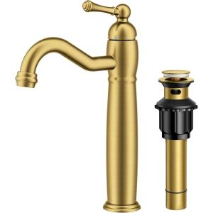 imageFORIOUS Farmhouse Antique Brass Bathroom Faucet Brushed Gold  Single Handle One Hole Vessel Sink Faucet with 360 Swivel amp PopUp Drain