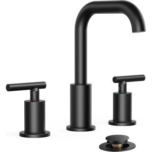 imageFORIOUS Matte Black Bathroom Faucet 3 Hole Widespread 8 Inch Bathroom Sink Faucets TwoHandle with Pop Up Drain and Water Supplies for Vanity Restroom RV Lavatory Sink