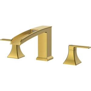 imageFORIOUS Waterfall Black Bathtub Faucet Set 3 Hole 2 Handle Deck Mount Roman Tub Faucet Widespread with PreInstalled Water Hose for Garden BathtubBrushed Gold