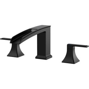 imageFORIOUS Waterfall Black Bathtub Faucet Set 3 Hole 2 Handle Deck Mount Roman Tub Faucet Widespread with PreInstalled Water Hose for Garden BathtubMatte Black