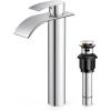 imageFORIOUS Upgrade Matte Black Bathroom Faucets 3 Hole Waterfall 8 Inch Widespread Bathroom Sink Faucet with Popup Drain and Supply Lines Two Handles for Vanity Farmhouse School SinkChrome