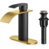 imageFORIOUS Upgrade Matte Black Bathroom Faucets 3 Hole Waterfall 8 Inch Widespread Bathroom Sink Faucet with Popup Drain and Supply Lines Two Handles for Vanity Farmhouse School SinkBlack and Gold