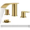 imageFORIOUS Upgrade Matte Black Bathroom Faucets 3 Hole Waterfall 8 Inch Widespread Bathroom Sink Faucet with Popup Drain and Supply Lines Two Handles for Vanity Farmhouse School SinkBrushed Gold