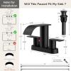 imageFORIOUS Upgrade Matte Black Bathroom Faucets 3 Hole Waterfall 8 Inch Widespread Bathroom Sink Faucet with Popup Drain and Supply Lines Two Handles for Vanity Farmhouse School SinkMatte Black