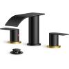 imageFORIOUS Upgrade Matte Black Bathroom Faucets 3 Hole Waterfall 8 Inch Widespread Bathroom Sink Faucet with Popup Drain and Supply Lines Two Handles for Vanity Farmhouse School SinkBlack and Gold