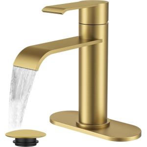 imageFORIOUS Black Bathroom Vessel Sink Faucet One Hole with Pop up Drain and 24 Inch CUPC Supply Hose Waterfall Single Handle Matte Black Bathroom Faucet 1 Hole RV Tall Basin Sink TapBrushed Gold