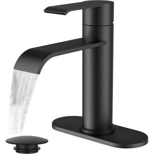 imageFORIOUS Black Bathroom Vessel Sink Faucet One Hole with Pop up Drain and 24 Inch CUPC Supply Hose Waterfall Single Handle Matte Black Bathroom Faucet 1 Hole RV Tall Basin Sink TapMatte Black