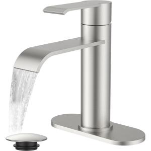 imageFORIOUS Black Bathroom Vessel Sink Faucet One Hole with Pop up Drain and 24 Inch CUPC Supply Hose Waterfall Single Handle Matte Black Bathroom Faucet 1 Hole RV Tall Basin Sink TapStainless Steel