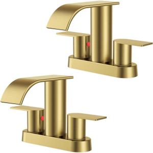 imageFORIOUS Upgrade Matte Black Bathroom Faucets 3 Hole Waterfall 8 Inch Widespread Bathroom Sink Faucet with Popup Drain and Supply Lines Two Handles for Vanity Farmhouse School SinkBrushed Gold 2