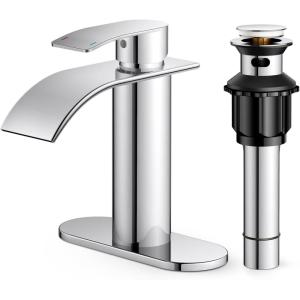 imageFORIOUS Upgrade Matte Black Bathroom Faucets 3 Hole Waterfall 8 Inch Widespread Bathroom Sink Faucet with Popup Drain and Supply Lines Two Handles for Vanity Farmhouse School SinkChrome