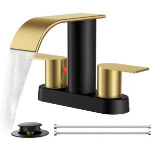 imageFORIOUS Upgrade Matte Black Bathroom Faucets 3 Hole Waterfall 8 Inch Widespread Bathroom Sink Faucet with Popup Drain and Supply Lines Two Handles for Vanity Farmhouse School SinkBlack and Gold