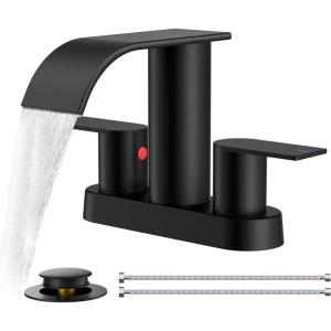 imageFORIOUS Upgrade Matte Black Bathroom Faucets 3 Hole Waterfall 8 Inch Widespread Bathroom Sink Faucet with Popup Drain and Supply Lines Two Handles for Vanity Farmhouse School SinkMatte Black