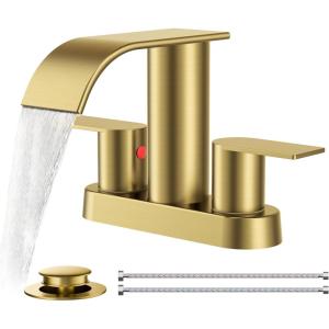 imageFORIOUS Upgrade Matte Black Bathroom Faucets 3 Hole Waterfall 8 Inch Widespread Bathroom Sink Faucet with Popup Drain and Supply Lines Two Handles for Vanity Farmhouse School SinkBrushed Gold