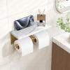 imageFORIOUS Toilet Paper Holder with Shelf Marble Wall Mount Tissue Roll Holder for Bathroom Washroom 304 Stainless Steel Double Commercial Toilet Tissue Dispensers with Phone Shelf Matte BlackBrushed Gold