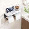imageFORIOUS Toilet Paper Holder with Shelf Marble Wall Mount Tissue Roll Holder for Bathroom Washroom 304 Stainless Steel Double Commercial Toilet Tissue Dispensers with Phone Shelf Matte BlackMatte Black
