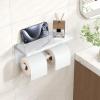 imageFORIOUS Toilet Paper Holder with Shelf Marble Wall Mount Tissue Roll Holder for Bathroom Washroom 304 Stainless Steel Double Commercial Toilet Tissue Dispensers with Phone Shelf Matte BlackWhite