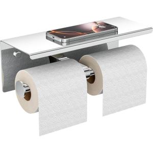 imageFORIOUS Double Toilet Paper Holder with Shelf Wall Mount Tissue Roll Holder for Bathroom 304 Stainless Steel Commercial Toilet Tissue Dispensers with Phone Shelf 1 Oil Rubbed BronzeChrome