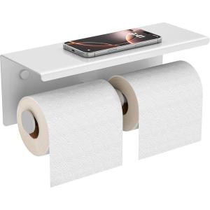 imageFORIOUS Double Toilet Paper Holder with Shelf Wall Mount Tissue Roll Holder for Bathroom 304 Stainless Steel Commercial Toilet Tissue Dispensers with Phone Shelf 1 Oil Rubbed BronzeWhite