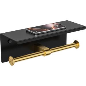 imageFORIOUS Double Toilet Paper Holder with Shelf Wall Mount Tissue Roll Holder for Bathroom 304 Stainless Steel Commercial Toilet Tissue Dispensers with Phone Shelf 1 Oil Rubbed BronzeMatte Black  Brushed Gold