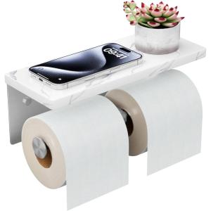 imageFORIOUS Toilet Paper Holder with Shelf Marble Wall Mount Tissue Roll Holder for Bathroom Washroom 304 Stainless Steel Double Commercial Toilet Tissue Dispensers with Phone Shelf Matte BlackBrushed Nickel
