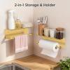 imageFORIOUS Paper Towel Holder with Shelf SUS304 Stainless Steel Paper Towel Holder with Storage Spice Shelf Heavy Duty Wall Mount Screw Paper Roll Organizer for Kitchen Bathroom RV and Shop SliverBrushed Gold
