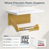 imageFORIOUS Toilet Paper Holder with Phone Shelf Natural Marble Wall Mount Tissue Roll Holder for Bathroom Washroom 304 Stainless Steel Commercial Toilet Tissue Dispensers with Shelf Matte BlackBrushed Gold