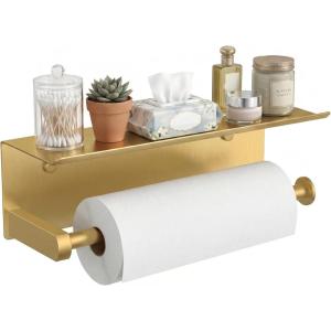 imageFORIOUS Paper Towel Holder with Shelf SUS304 Stainless Steel Paper Towel Holder with Storage Spice Shelf Heavy Duty Wall Mount Screw Paper Roll Organizer for Kitchen Bathroom RV and Shop SliverBrushed Gold