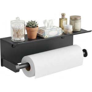 imageFORIOUS Paper Towel Holder with Shelf SUS304 Stainless Steel Paper Towel Holder with Storage Spice Shelf Heavy Duty Wall Mount Screw Paper Roll Organizer for Kitchen Bathroom RV and Shop SliverMattle Black