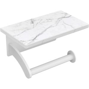 imageFORIOUS Toilet Paper Holder with Phone Shelf Natural Marble Wall Mount Tissue Roll Holder for Bathroom Washroom 304 Stainless Steel Commercial Toilet Tissue Dispensers with Shelf Matte BlackWhite
