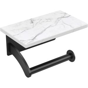 imageFORIOUS Toilet Paper Holder with Phone Shelf Natural Marble Wall Mount Tissue Roll Holder for Bathroom Washroom 304 Stainless Steel Commercial Toilet Tissue Dispensers with Shelf Matte BlackMatte Black