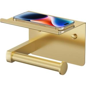 imageFORIOUS Toilet Paper Holder with Shelf Adhesive or Screw Wall Mount Toilet Paper Roll Holder for Bathroom SUS 304 Stainless Steel Commercial Toilet Tissue Holder Dispenser Oil Rubbed BronzeBrushed Gold