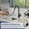 imageFORIOUS Black Bar Sink Faucet for Kitchen Sink Modern Single Handle Kitchen Faucet with Pull Down Sprayer Stainless Steel High Arc with Deck Plate for 1 or 3 Hole Suitable for Bathroom RV CamperMatte Black