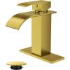 imageFORIOUS Matte Black Waterfall Bathroom Faucets 1 or 3 Hole Vanity Single Bathroom Sink Faucet with cUPC Supply Line and Pop Up Drain Suitable for Basin Rv Restroom SinkBrushed Gold