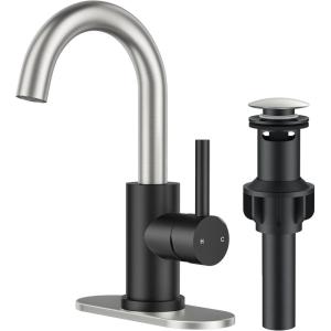 imageFORIOUS Black Bathroom Faucet 1 or 3 Hole Single Handle Matte Black Bathroom Sink Faucet 2 Pack with cUPC Supply Line and Pop Up Drain Suitable for Bar RV Vanity Restroom CommerialBlack and Nickel